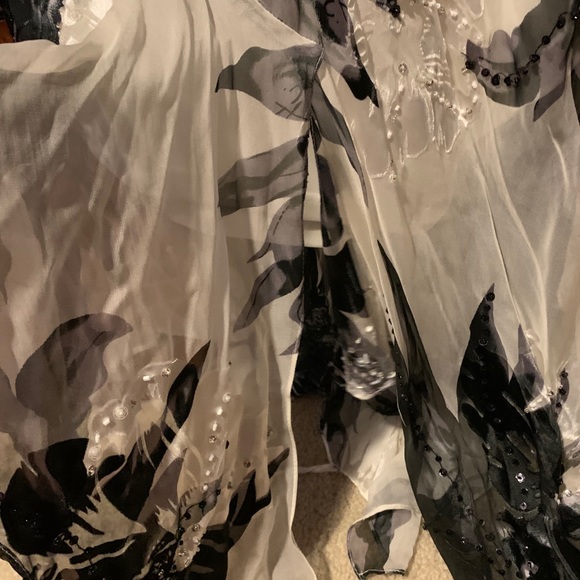 Cashe blk/white floral beaded fringe flow dress - Picture 4 of 14